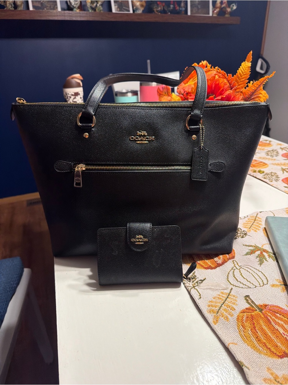 Coach Black Leather Tote with Matching Black Wallet